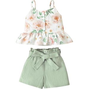 imageKucnuzki Toddler Baby Girl Clothes Summer Outfits Ruffle Sleeveless Linen Shirt Kid Short Set for GirlGreen