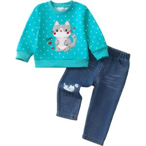 imageKucnuzki Toddler Baby Girl Clothes Long Sleeve Hoodie Crewneck Sweatshirt Denim Jeans Pants Fall Winter Baby Girl OutfitBlue Cat