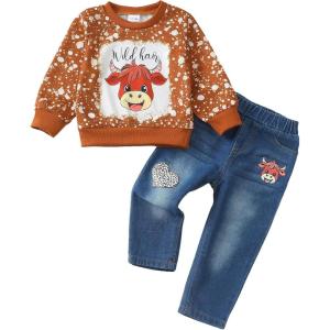 imageKucnuzki Toddler Baby Girl Clothes Long Sleeve Hoodie Crewneck Sweatshirt Denim Jeans Pants Fall Winter Baby Girl OutfitBrown Cow