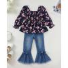 imageKucnuzki Toddler Kids Girls Clothes Short Sleeve Shirt Top Flare Denim Jeans 2 Piece Outfits For Girls Cute Clothing SetBlack Flowerl