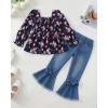 imageKucnuzki Toddler Kids Girls Clothes Short Sleeve Shirt Top Flare Denim Jeans 2 Piece Outfits For Girls Cute Clothing SetBlack Flowerl