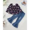 imageKucnuzki Toddler Kids Girls Clothes Short Sleeve Shirt Top Flare Denim Jeans 2 Piece Outfits For Girls Cute Clothing SetBlack Flowerl
