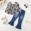 imageKucnuzki Toddler Kids Girls Clothes Short Sleeve Shirt Top Flare Denim Jeans 2 Piece Outfits For Girls Cute Clothing SetBlackl