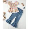 imageKucnuzki Toddler Kids Girls Clothes Short Sleeve Shirt Top Flare Denim Jeans 2 Piece Outfits For Girls Cute Clothing SetColorful Flowers