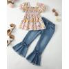 imageKucnuzki Toddler Kids Girls Clothes Short Sleeve Shirt Top Flare Denim Jeans 2 Piece Outfits For Girls Cute Clothing SetColorful Flowers