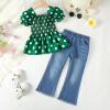 imageKucnuzki Toddler Kids Girls Clothes Short Sleeve Shirt Top Flare Denim Jeans 2 Piece Outfits For Girls Cute Clothing SetGreen