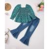 imageKucnuzki Toddler Kids Girls Clothes Short Sleeve Shirt Top Flare Denim Jeans 2 Piece Outfits For Girls Cute Clothing SetGreen Flowerl