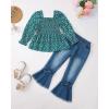 imageKucnuzki Toddler Kids Girls Clothes Short Sleeve Shirt Top Flare Denim Jeans 2 Piece Outfits For Girls Cute Clothing SetGreen Flowerl