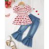 imageKucnuzki Toddler Kids Girls Clothes Short Sleeve Shirt Top Flare Denim Jeans 2 Piece Outfits For Girls Cute Clothing SetHeart Red