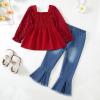 imageKucnuzki Toddler Kids Girls Clothes Short Sleeve Shirt Top Flare Denim Jeans 2 Piece Outfits For Girls Cute Clothing SetMaroon