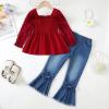 imageKucnuzki Toddler Kids Girls Clothes Short Sleeve Shirt Top Flare Denim Jeans 2 Piece Outfits For Girls Cute Clothing SetMaroonl