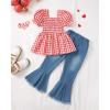 imageKucnuzki Toddler Kids Girls Clothes Short Sleeve Shirt Top Flare Denim Jeans 2 Piece Outfits For Girls Cute Clothing SetPlaid Red