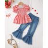 imageKucnuzki Toddler Kids Girls Clothes Short Sleeve Shirt Top Flare Denim Jeans 2 Piece Outfits For Girls Cute Clothing SetPlaid Red