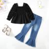imageKucnuzki Toddler Kids Girls Clothes Short Sleeve Shirt Top Flare Denim Jeans 2 Piece Outfits For Girls Cute Clothing SetPureblackl