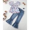 imageKucnuzki Toddler Kids Girls Clothes Short Sleeve Shirt Top Flare Denim Jeans 2 Piece Outfits For Girls Cute Clothing SetPurple Butterfly