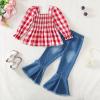 imageKucnuzki Toddler Kids Girls Clothes Short Sleeve Shirt Top Flare Denim Jeans 2 Piece Outfits For Girls Cute Clothing SetRed