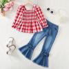imageKucnuzki Toddler Kids Girls Clothes Short Sleeve Shirt Top Flare Denim Jeans 2 Piece Outfits For Girls Cute Clothing SetRedl