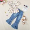 imageKucnuzki Toddler Kids Girls Clothes Short Sleeve Shirt Top Flare Denim Jeans 2 Piece Outfits For Girls Cute Clothing SetYellow Flower