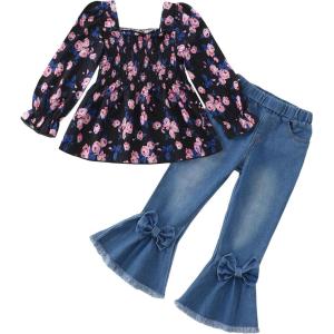 imageKucnuzki Toddler Kids Girls Clothes Short Sleeve Shirt Top Flare Denim Jeans 2 Piece Outfits For Girls Cute Clothing SetBlack Flowerl