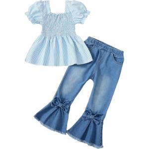 imageKucnuzki Toddler Kids Girls Clothes Short Sleeve Shirt Top Flare Denim Jeans 2 Piece Outfits For Girls Cute Clothing SetBlue Jeans