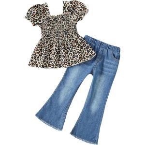 imageKucnuzki Toddler Kids Girls Clothes Short Sleeve Shirt Top Flare Denim Jeans 2 Piece Outfits For Girls Cute Clothing SetBrown