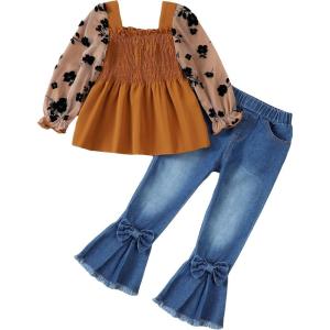 imageKucnuzki Toddler Kids Girls Clothes Short Sleeve Shirt Top Flare Denim Jeans 2 Piece Outfits For Girls Cute Clothing SetBrownl
