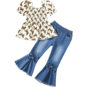 imageKucnuzki Toddler Kids Girls Clothes Short Sleeve Shirt Top Flare Denim Jeans 2 Piece Outfits For Girls Cute Clothing SetButterfly Jeans