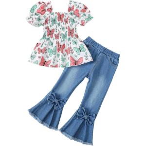 imageKucnuzki Toddler Kids Girls Clothes Short Sleeve Shirt Top Flare Denim Jeans 2 Piece Outfits For Girls Cute Clothing SetColorful Butterfly