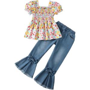 imageKucnuzki Toddler Kids Girls Clothes Short Sleeve Shirt Top Flare Denim Jeans 2 Piece Outfits For Girls Cute Clothing SetColorful Flowers