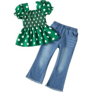 imageKucnuzki Toddler Kids Girls Clothes Short Sleeve Shirt Top Flare Denim Jeans 2 Piece Outfits For Girls Cute Clothing SetGreen