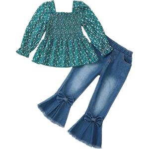 imageKucnuzki Toddler Kids Girls Clothes Short Sleeve Shirt Top Flare Denim Jeans 2 Piece Outfits For Girls Cute Clothing SetGreen Flowerl
