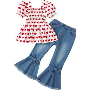 imageKucnuzki Toddler Kids Girls Clothes Short Sleeve Shirt Top Flare Denim Jeans 2 Piece Outfits For Girls Cute Clothing SetHeart Red