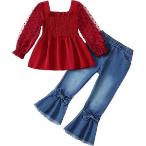 imageKucnuzki Toddler Kids Girls Clothes Short Sleeve Shirt Top Flare Denim Jeans 2 Piece Outfits For Girls Cute Clothing SetMaroon