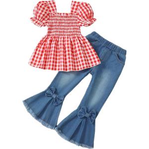 imageKucnuzki Toddler Kids Girls Clothes Short Sleeve Shirt Top Flare Denim Jeans 2 Piece Outfits For Girls Cute Clothing SetPlaid Red