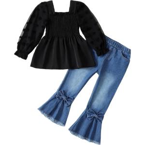imageKucnuzki Toddler Kids Girls Clothes Short Sleeve Shirt Top Flare Denim Jeans 2 Piece Outfits For Girls Cute Clothing SetPureblackl