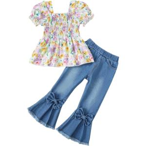 imageKucnuzki Toddler Kids Girls Clothes Short Sleeve Shirt Top Flare Denim Jeans 2 Piece Outfits For Girls Cute Clothing SetPurple