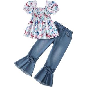 imageKucnuzki Toddler Kids Girls Clothes Short Sleeve Shirt Top Flare Denim Jeans 2 Piece Outfits For Girls Cute Clothing SetPurple Butterfly