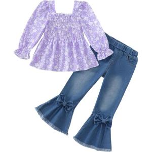 imageKucnuzki Toddler Kids Girls Clothes Short Sleeve Shirt Top Flare Denim Jeans 2 Piece Outfits For Girls Cute Clothing SetPurple Flowerl