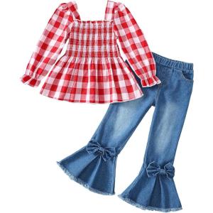 imageKucnuzki Toddler Kids Girls Clothes Short Sleeve Shirt Top Flare Denim Jeans 2 Piece Outfits For Girls Cute Clothing SetRed