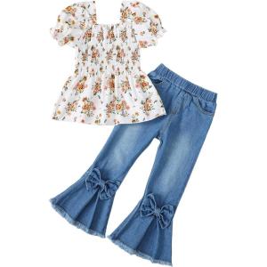 imageKucnuzki Toddler Kids Girls Clothes Short Sleeve Shirt Top Flare Denim Jeans 2 Piece Outfits For Girls Cute Clothing SetYellow Flower