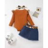imageKucnuzki Baby Girl Clothes Newborn Baby Girl Outfit Long Sleeve Romper Jean Denim Skirt Set Infant Baby Clothe for GirlsBrown