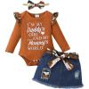imageKucnuzki Baby Girl Clothes Newborn Baby Girl Outfit Long Sleeve Romper Jean Denim Skirt Set Infant Baby Clothe for GirlsBrown