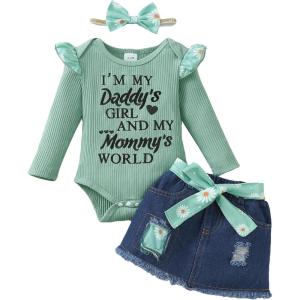 imageKucnuzki Baby Girl Clothes Newborn Baby Girl Outfit Long Sleeve Romper Jean Denim Skirt Set Infant Baby Clothe for GirlsLight Green