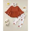 imageKucnuzki Baby Girl Clothes Toddler Girl Outfit Ruffle Sleeve Shirt Floral Pant Set Fall Winter Clothing for GirlDark Brown