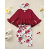 imageKucnuzki Baby Girl Clothes Toddler Girl Outfit Ruffle Sleeve Shirt Floral Pant Set Fall Winter Clothing for GirlDark Red