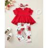 imageKucnuzki Baby Girl Clothes Toddler Girl Outfit Ruffle Sleeve Shirt Floral Pant Set Fall Winter Clothing for GirlRedsl