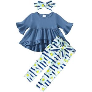 imageKucnuzki Baby Girl Clothes Toddler Girl Outfit Ruffle Sleeve Shirt Floral Pant Set Fall Winter Clothing for GirlBluesl