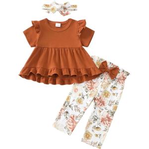 imageKucnuzki Baby Girl Clothes Toddler Girl Outfit Ruffle Sleeve Shirt Floral Pant Set Fall Winter Clothing for GirlBrownsl