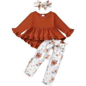 imageKucnuzki Baby Girl Clothes Toddler Girl Outfit Ruffle Sleeve Shirt Floral Pant Set Fall Winter Clothing for GirlDark Brown
