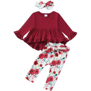 imageKucnuzki Baby Girl Clothes Toddler Girl Outfit Ruffle Sleeve Shirt Floral Pant Set Fall Winter Clothing for GirlDark Red